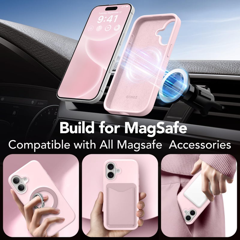 GONEZ Magnetic for iPhone 16 Case, Compatible with MagSafe, [Screen Protector + Camera Lens Protector], Liquid Silicone Shockproof Protective Phone Case for iPhone 16 6.1", Chalk Pink - Image 4