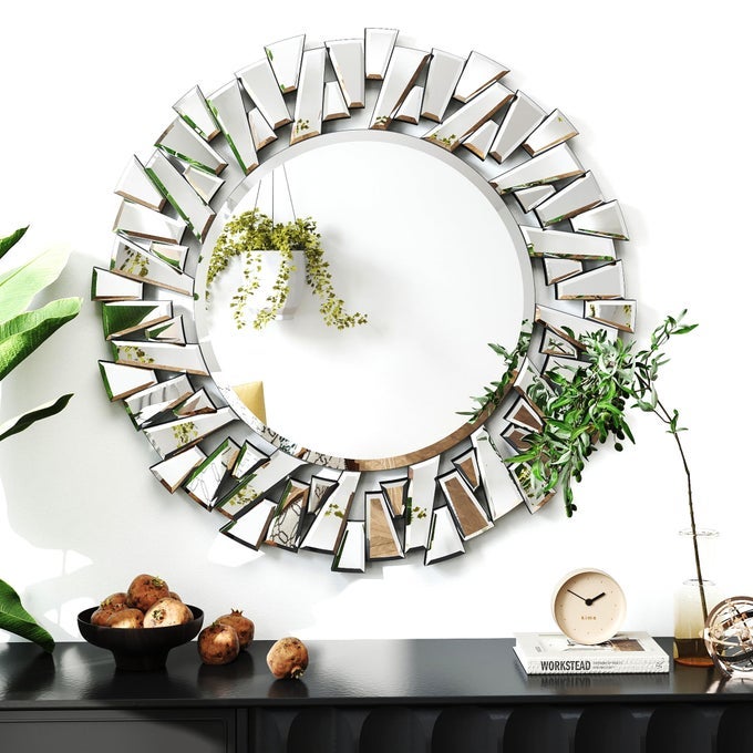 32 DECORATIVE WALL MIRROR LARGE LIVING ROOM MIRROR WALL DECOR WITH BEVELED GLASS FRAME MODERN ROUND MIRROR FOR ENTRYWAY DINING ROOM BATHROOM