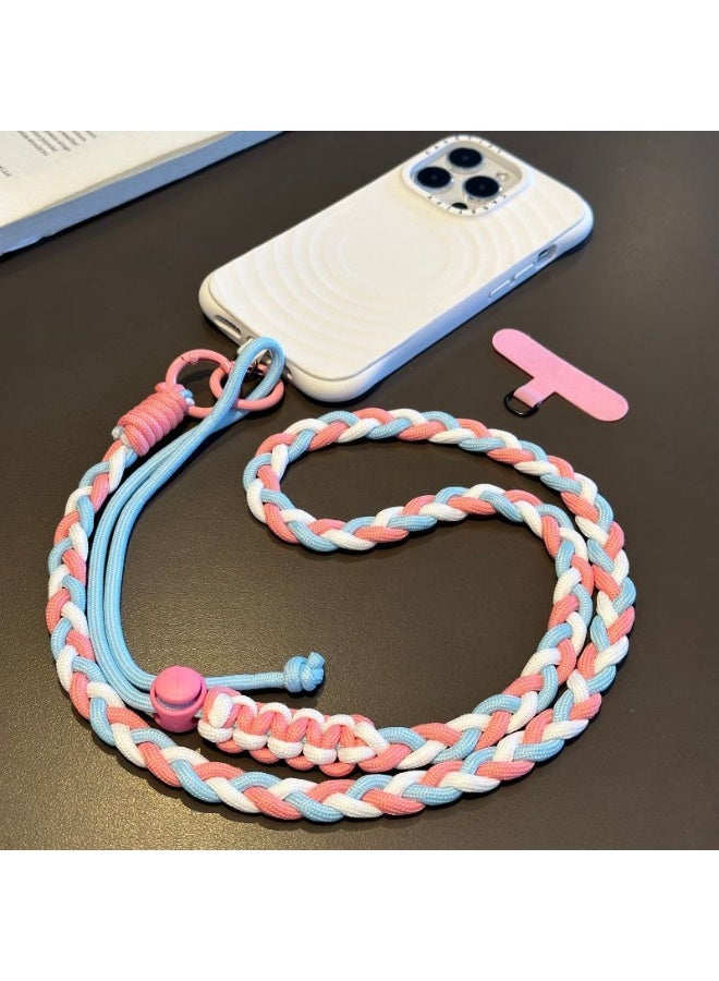 NIBEMINENT Beaded Phone Lanyard, Anti Lost Removable Wrist Strap, Weaving Double Ring Bracelet Pendant, Phone Keychain Lanyard,Pink White Blue