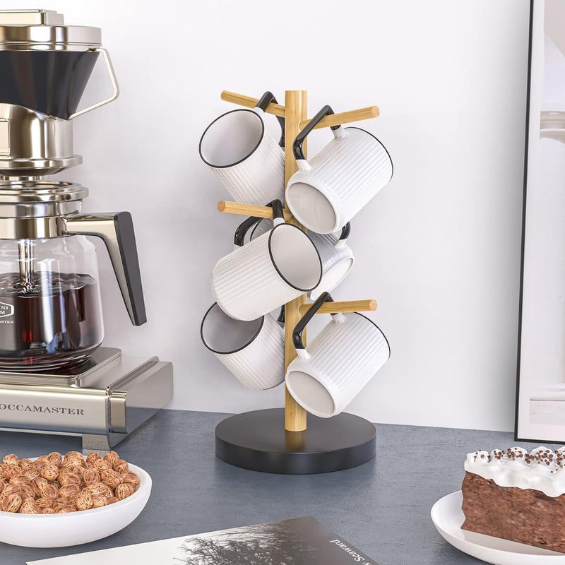 Wisuce Bamboo Mug Holder Tree, Thicker Base Coffee Cup Holder Stand for Counter, Mug Rack with 6 Hooks - Image 3