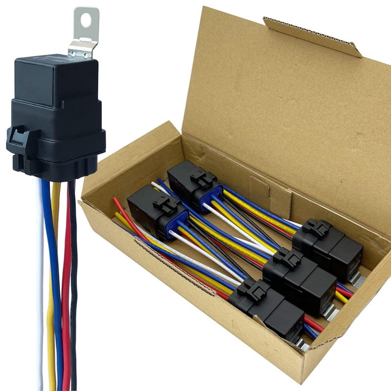 IRHAPSODY 5 Pack 40/30 AMP 12V DC Waterproof Relay and Harness - Heavy Duty 12 AWG Tinned Copper Wires, 5-PIN SPDT Bosch Style Automotive Relay - Image 1