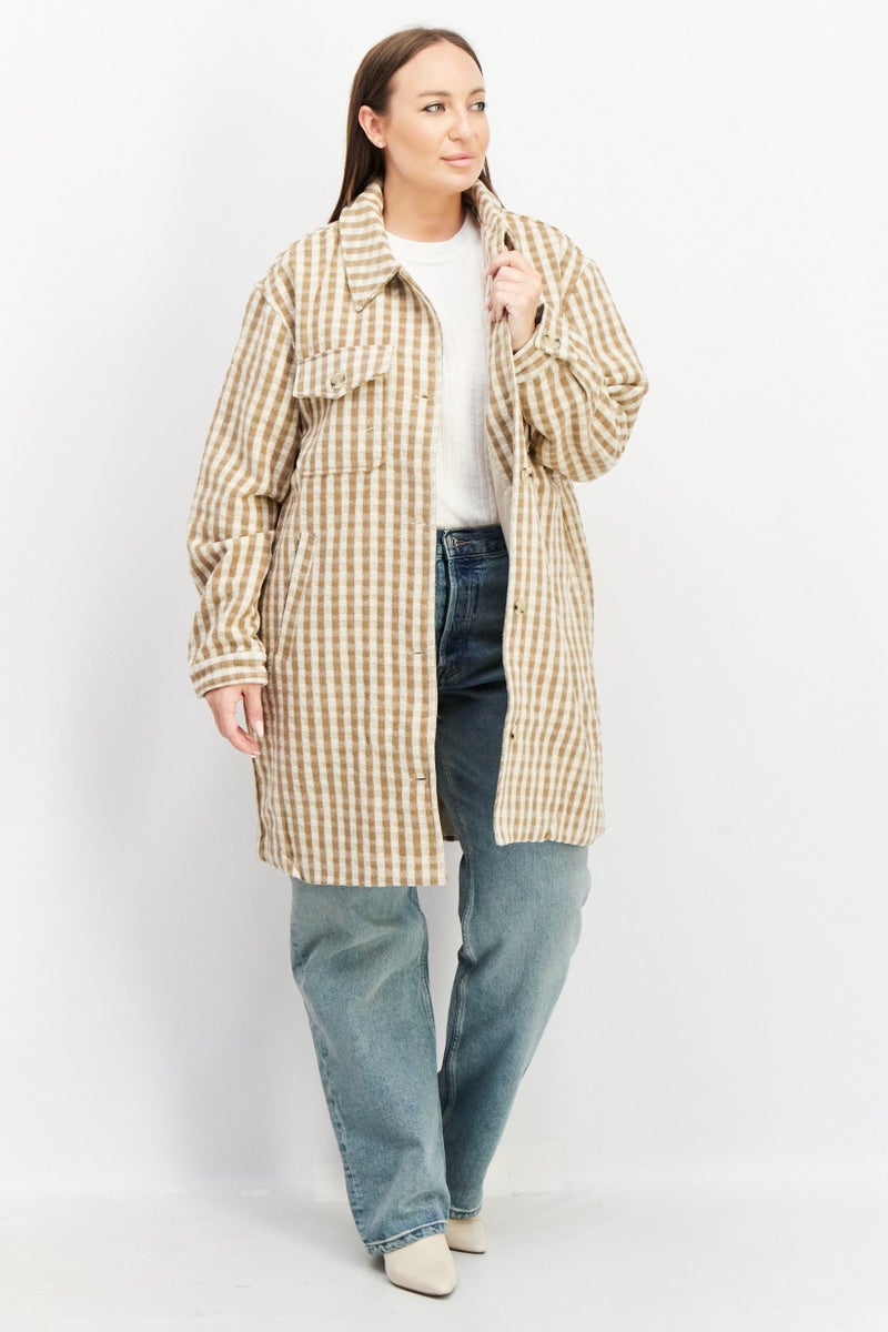 NA-KD Women Checkered Trench Coat, Beige Combo - Image 1