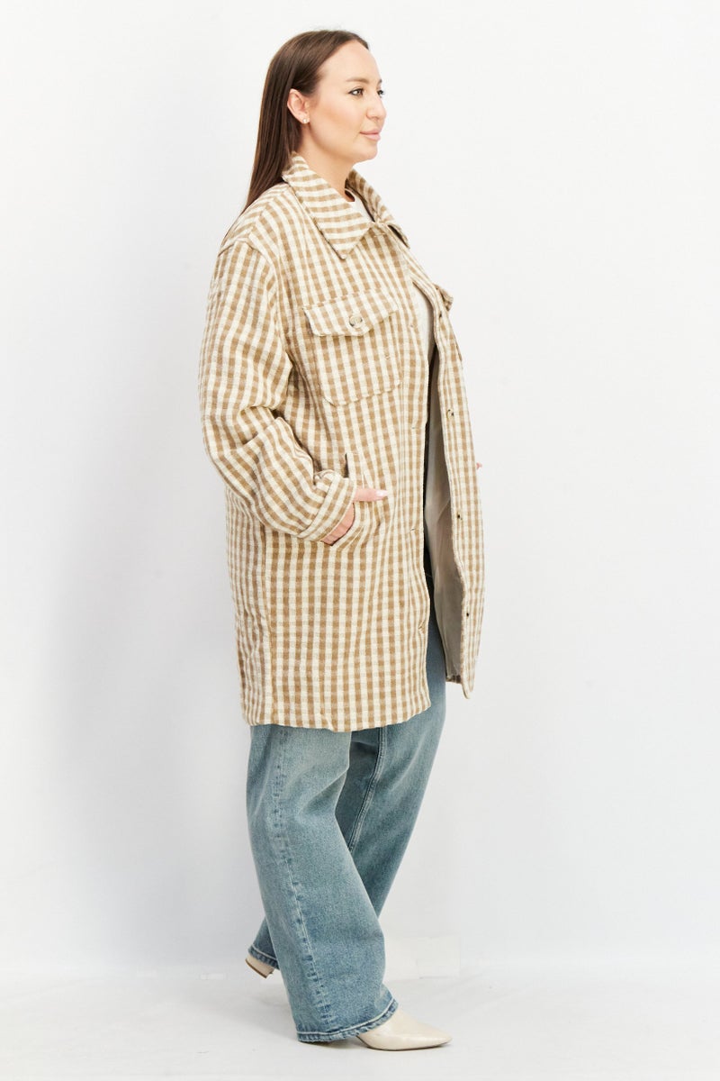 NA-KD Women Checkered Trench Coat, Beige Combo - Image 3