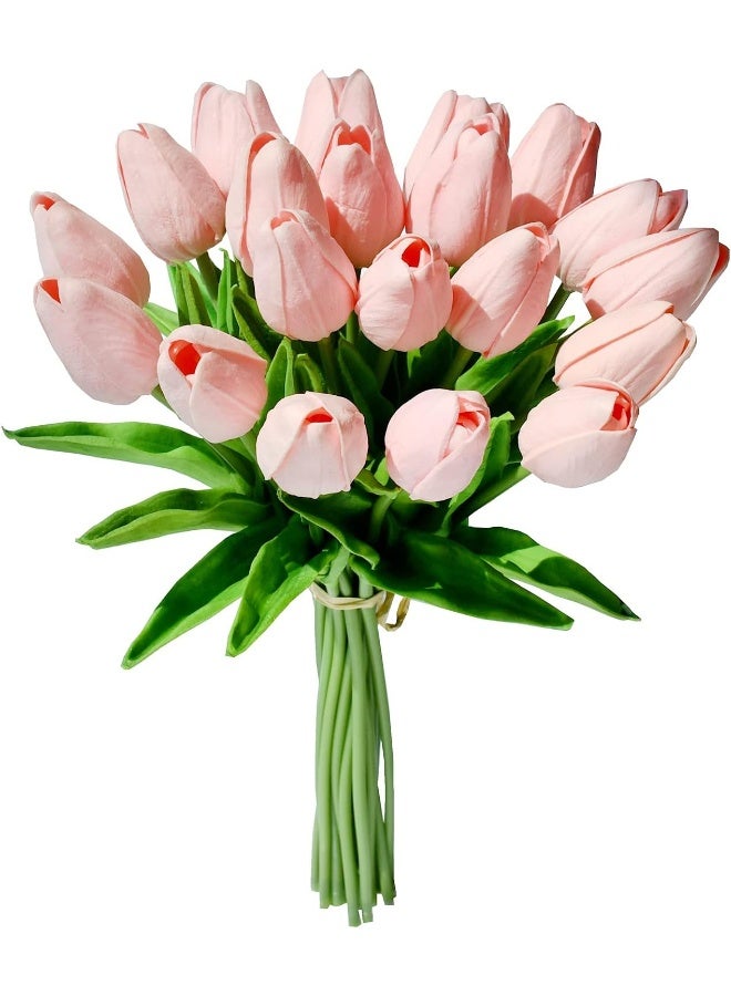 Mandy's Artificial Tulips 20 Stems Light Pink PU Faux Flowers for Thanksgiving and Christmas Decorations Wedding Home Decor 13.5 Inch - Image 1