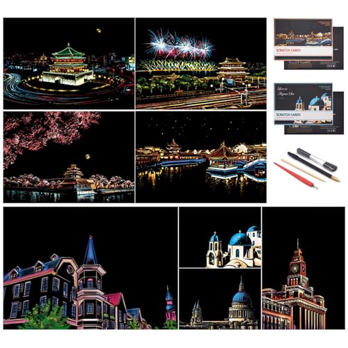 BOTEEN Rainbow Painting Scratch Paper By BOTEEN City Series Night SceneScratch Painting Creative GiftScratchboard for Adult and Kidswith 4 ToolsSize117x83A48PACK - Image 1