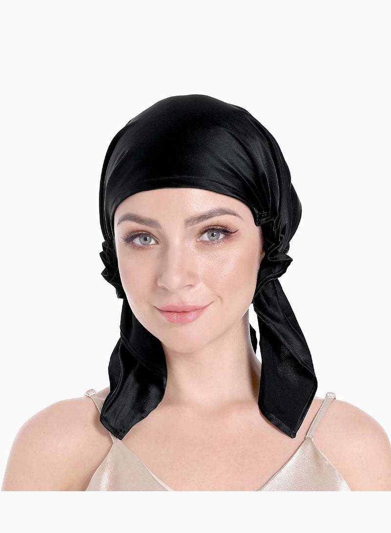 Bluejw Silk Sleep Cap, Bonnet for Sleeping, 100% Hair with Tie Band, Curly Hair, Wrap Care (Black) - Image 2