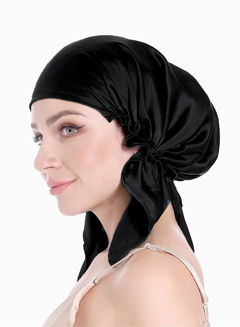 Bluejw Silk Sleep Cap, Bonnet for Sleeping, 100% Hair with Tie Band, Curly Hair, Wrap Care (Black) - Image 1