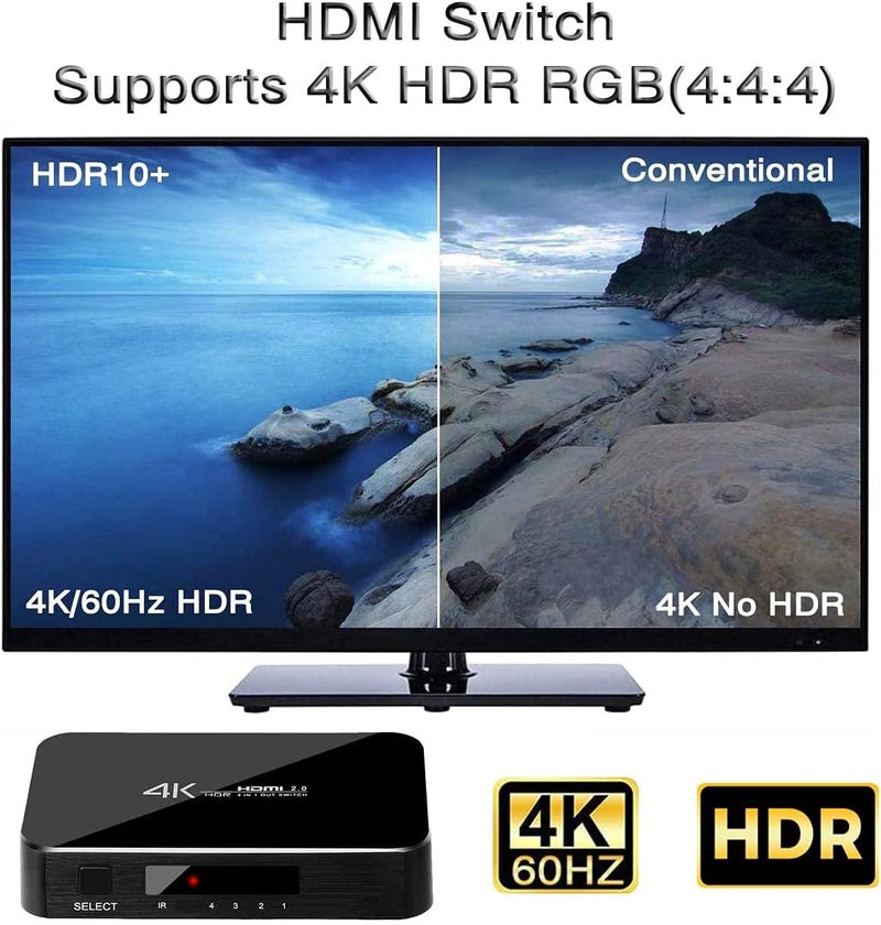 ENBUER مفتاح HDMI 4X1، محول HDMI 4 في 1 بدقة 4K Ultra HD يدعم HDMI 2.0 HDCP 2.2، 4K@60Hz، 3D، 1080P، 4Kx2k@60Hz (تحكم عن بعد IR) - Image 4