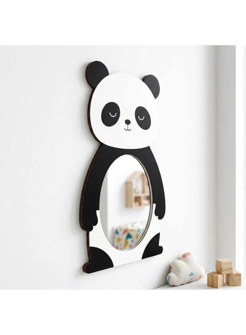 A unisex cartoon panda-shaped wall mirror for children, made of high-quality wood with a cute and fun design. Safe for children and unbreakable, lightweight and easy to install, perfect for decorating children's rooms. - Image 2