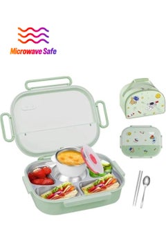 Bento Box For Kids & Adults, Stainless Steel Lunch Box With 5-Compartment, Insulated Lunch Bag, Soup Bowl, Spoon & Chopsticks. Microwave Save, Leak-Proof, BPA-Free, Dishwasher Save (Green)