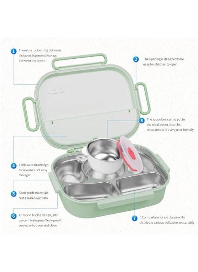 MIXDE - Bento Box For Kids & Adults, Stainless Steel Lunch Box With 5-Compartment, Insulated Lunch Bag, Soup Bowl, Spoon & Chopsticks. Microwave Save, Leak-Proof, BPA-Free, Dishwasher Save (Green) - Image 1