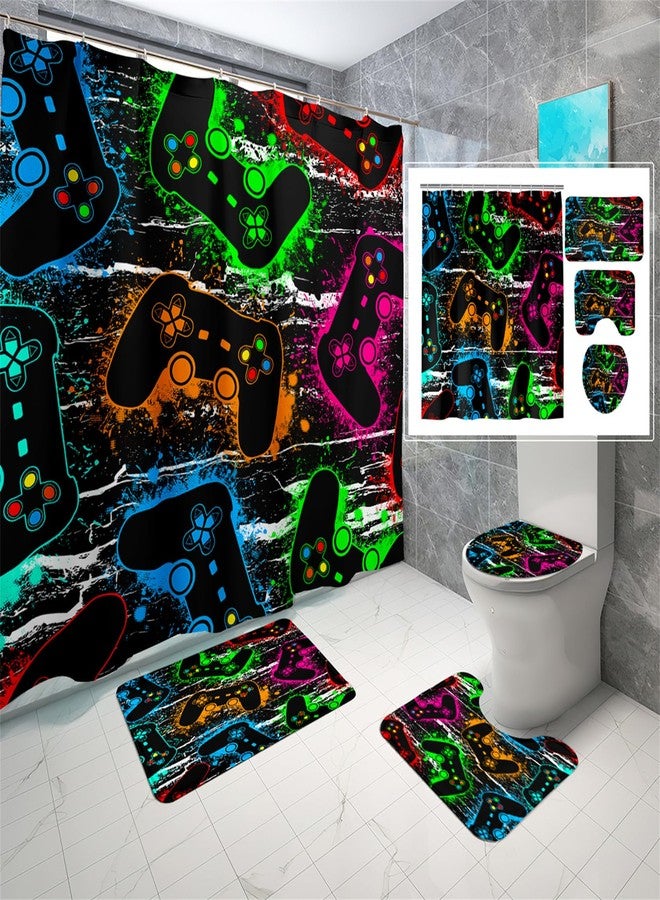 Jiospet 4 Pcs Gaming Shower Curtain Set for Bathroom - Gamepad Bathroom Set for Boys, Game Shower with Rugs, Splash Color Game Controller Curtain with 12 Hooks, 70" x 70" - Image 1