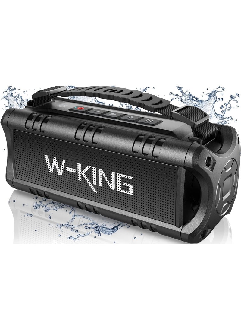 مكبرات صوت بلوتوث لاسلكية محمولة من W-KING، (60 واط ذروة) 30 واط RMS، مقاومة للماء بمعيار IPX6، مكبر صوت خارجي قوي، يعمل لمدة 24 ساعة، مزود بمعادل صوت، مدخل AUX، منفذ بطاقة TF، تشغيل USB، صوت جهير قوي، مثالي للمنزل، الحفلات، التخييم، وحمامات السباحة