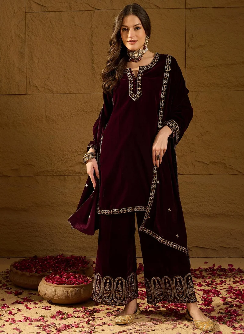 ZERESOUQ Purple Velvet Solid Embroidered Straight Kurta Palazzos With Dupatta