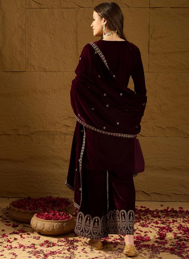 ZERESOUQ Purple Velvet Solid Embroidered Straight Kurta Palazzos With Dupatta