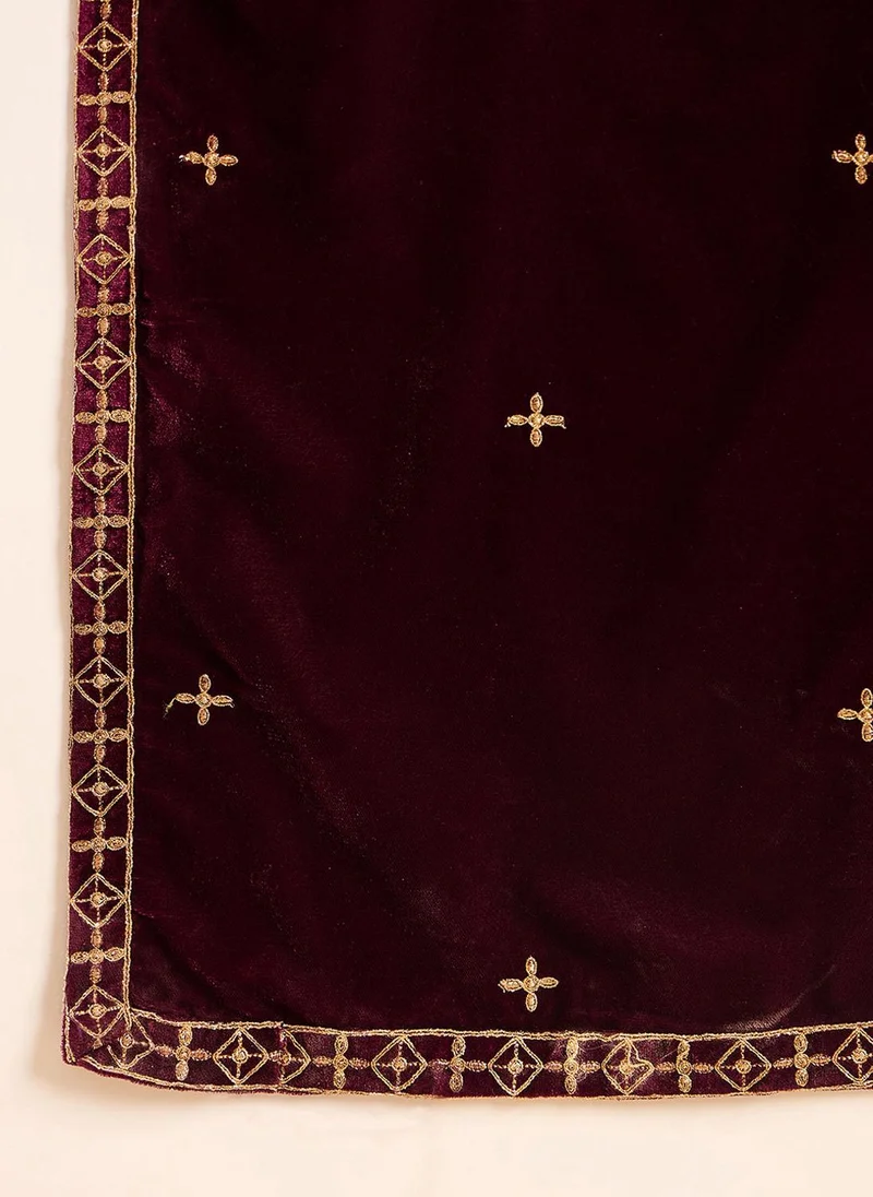 ZERESOUQ Purple Velvet Solid Embroidered Straight Kurta Palazzos With Dupatta