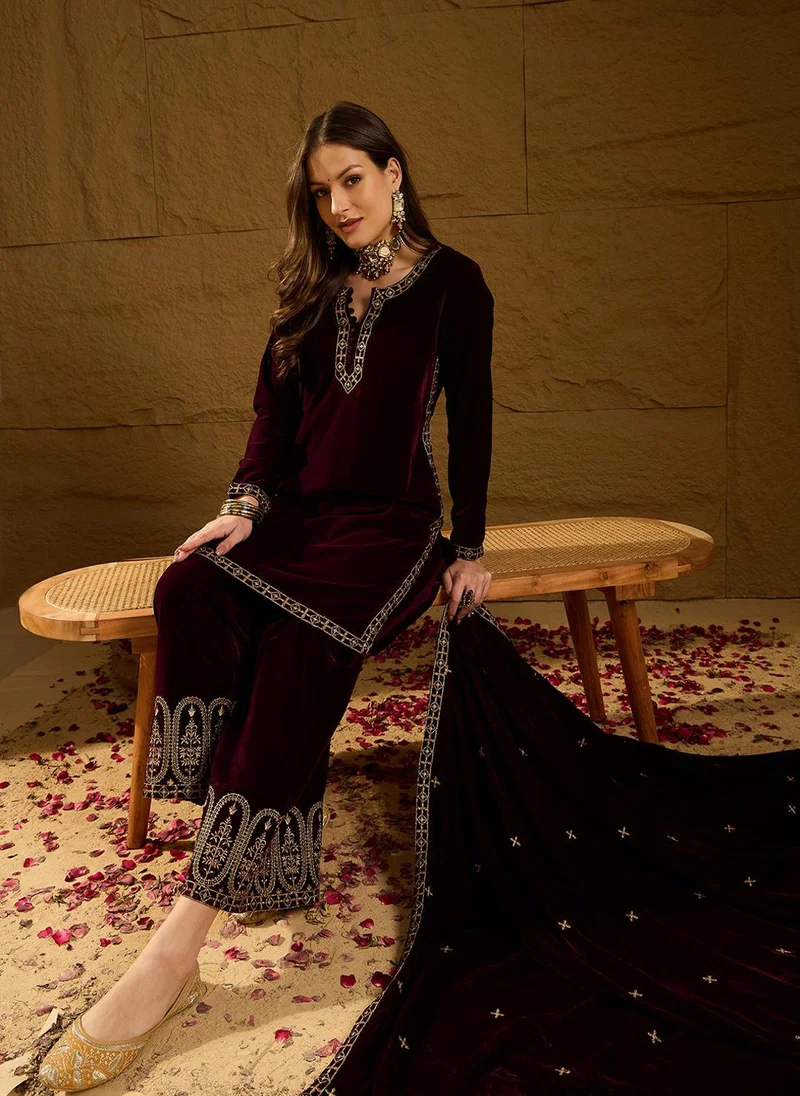 ZERESOUQ Purple Velvet Solid Embroidered Straight Kurta Palazzos With Dupatta