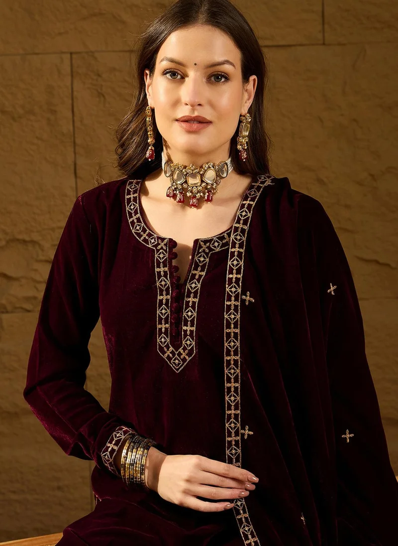 ZERESOUQ Purple Velvet Solid Embroidered Straight Kurta Palazzos With Dupatta