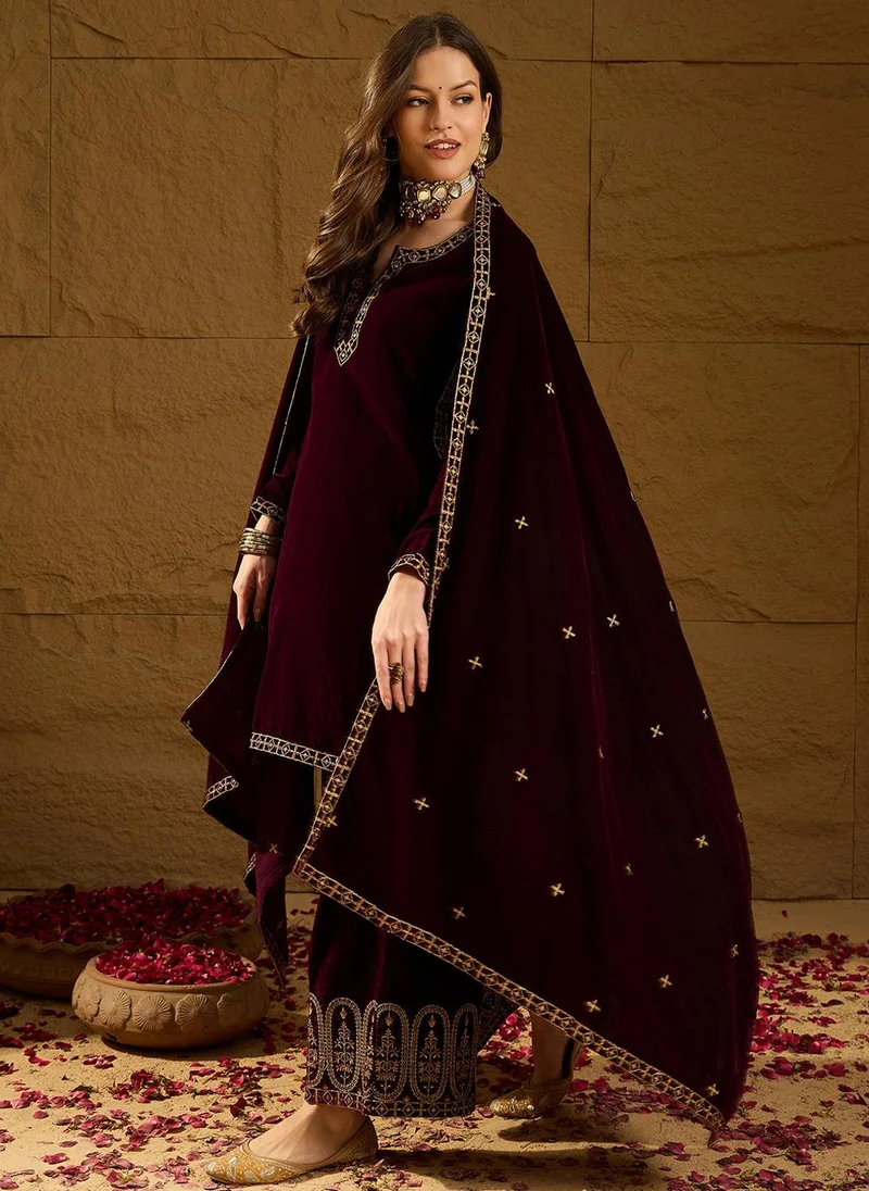 ZERESOUQ Purple Velvet Solid Embroidered Straight Kurta Palazzos With Dupatta