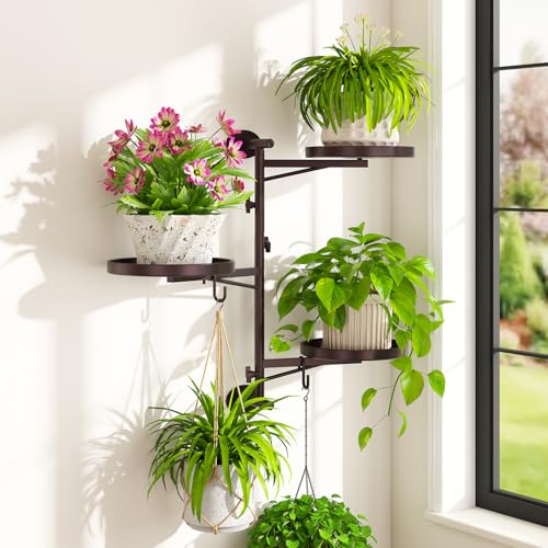 iDavosic.ly Rotating Window Plant Shelves, 3-Tier Metal Wall Stand with 2 Hooks, Flower Display Holder Rack for Living Room, Space Saving, Bronze (Pots/Chains/Plants Not Included) - Image 1