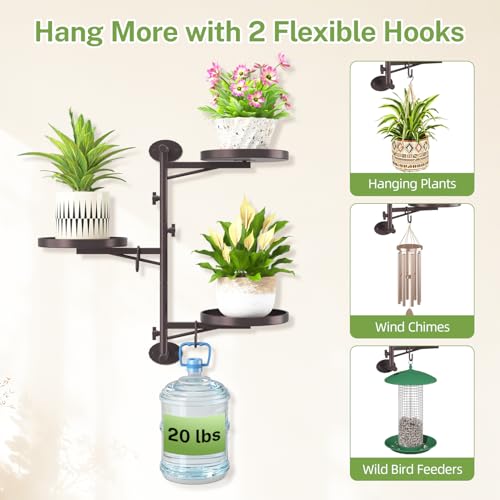 iDavosic.ly Rotating Window Plant Shelves, 3-Tier Metal Wall Stand with 2 Hooks, Flower Display Holder Rack for Living Room, Space Saving, Bronze (Pots/Chains/Plants Not Included) - Image 4