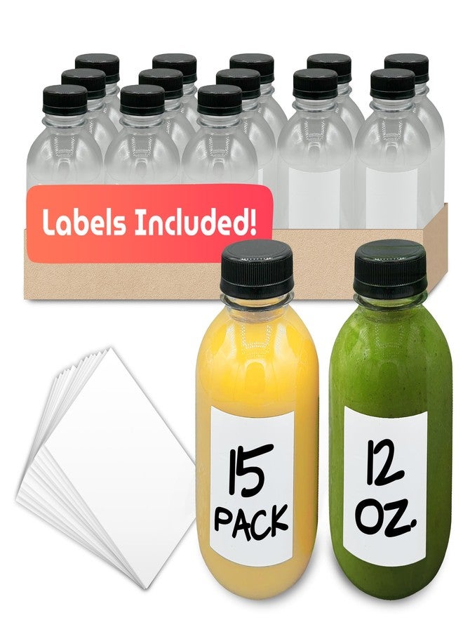 Reli. Plastic Juice Bottles [15 Pack] [12 oz] Round Plastic Juice Bottles with Caps & Sticker Labels | Clear, Empty for Juicing 12oz | Disposable, Reusable Containers for Juicing, Smoothies - Image 1