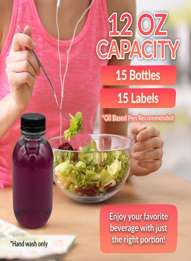 Reli. Plastic Juice Bottles [15 Pack] [12 oz] Round Plastic Juice Bottles with Caps & Sticker Labels | Clear, Empty for Juicing 12oz | Disposable, Reusable Containers for Juicing, Smoothies - Image 2