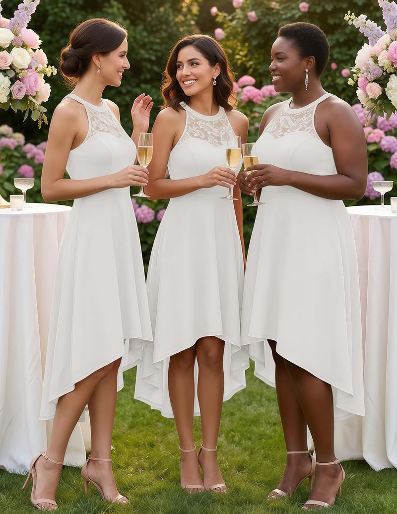 Bbonlinedress Womens Fall High Low White Wedding Dress for Homecoming Cocktail Formal Guest High Low Lace White XL - Image 3