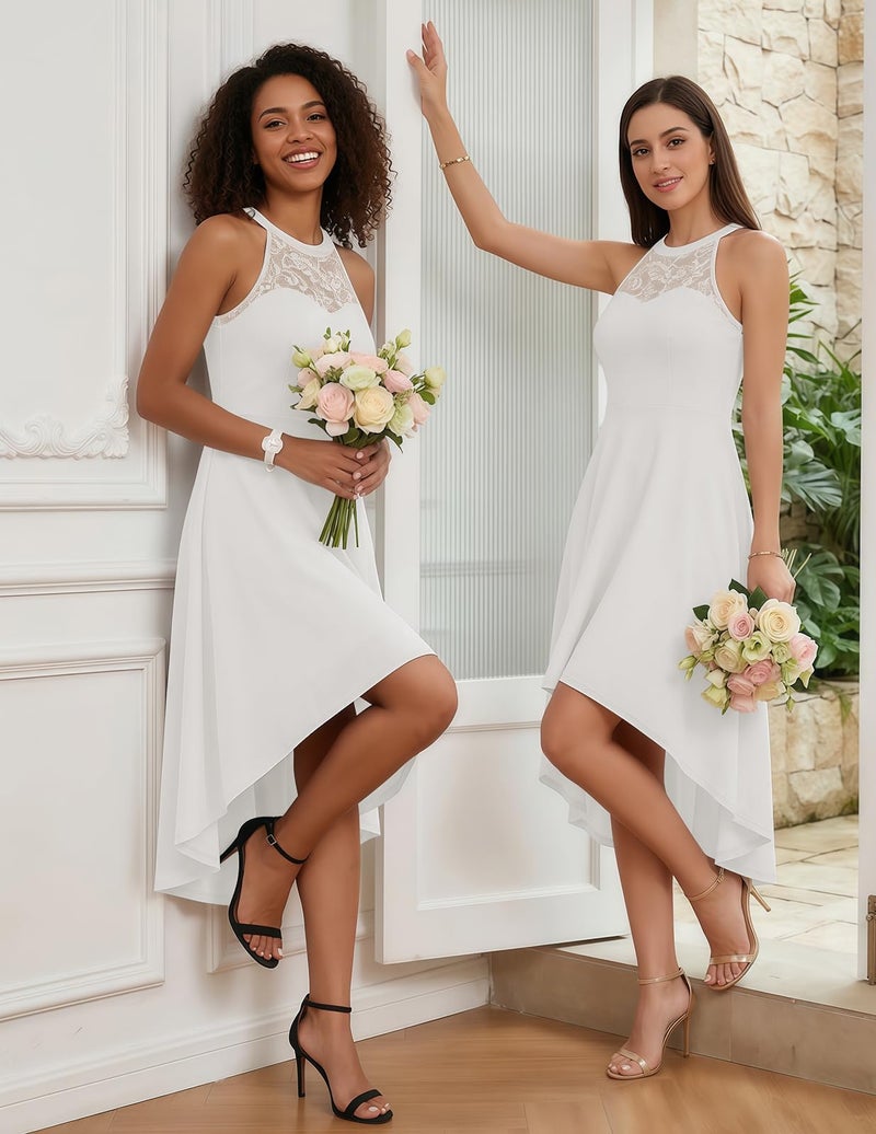 Bbonlinedress Womens Fall High Low White Wedding Dress for Homecoming Cocktail Formal Guest High Low Lace White XL - Image 2