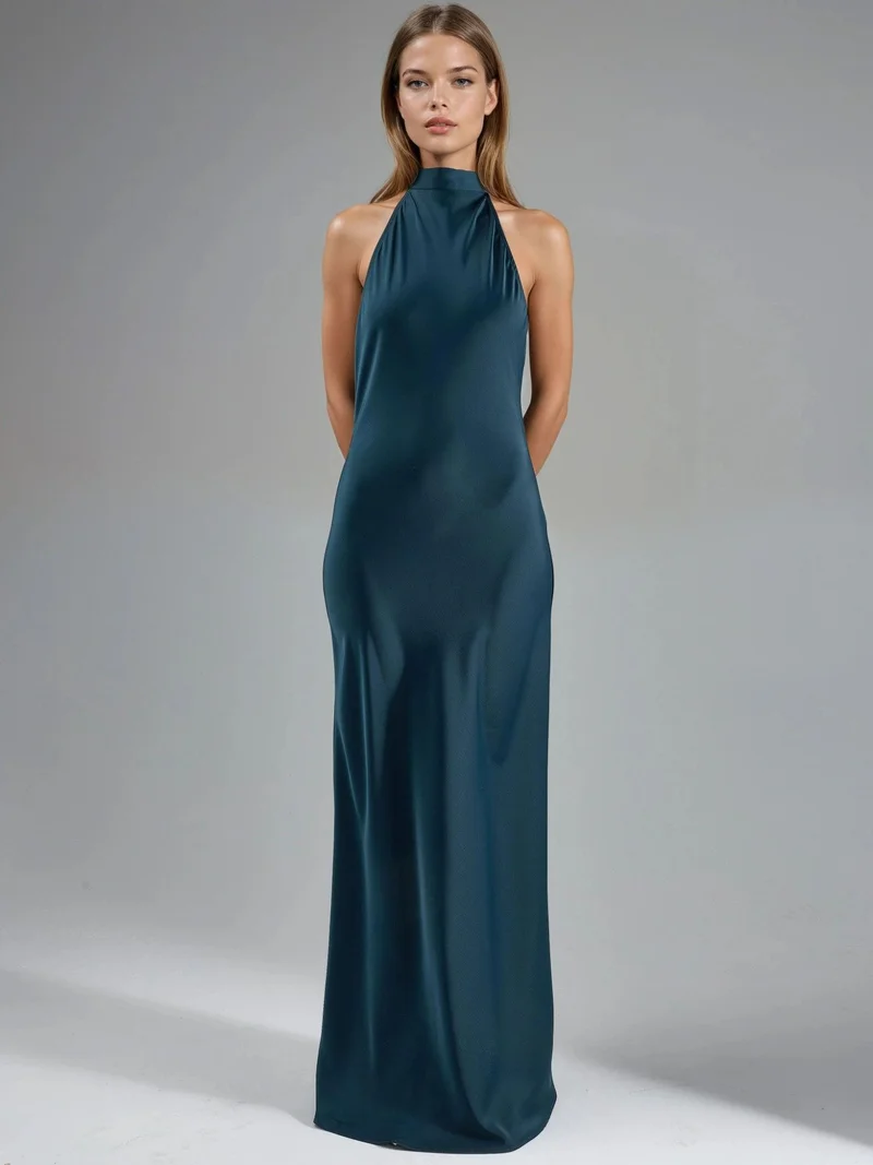 HICCUP Sacramento Green Halter Neck Satin Maxi Dress for Women | Best Price UAE