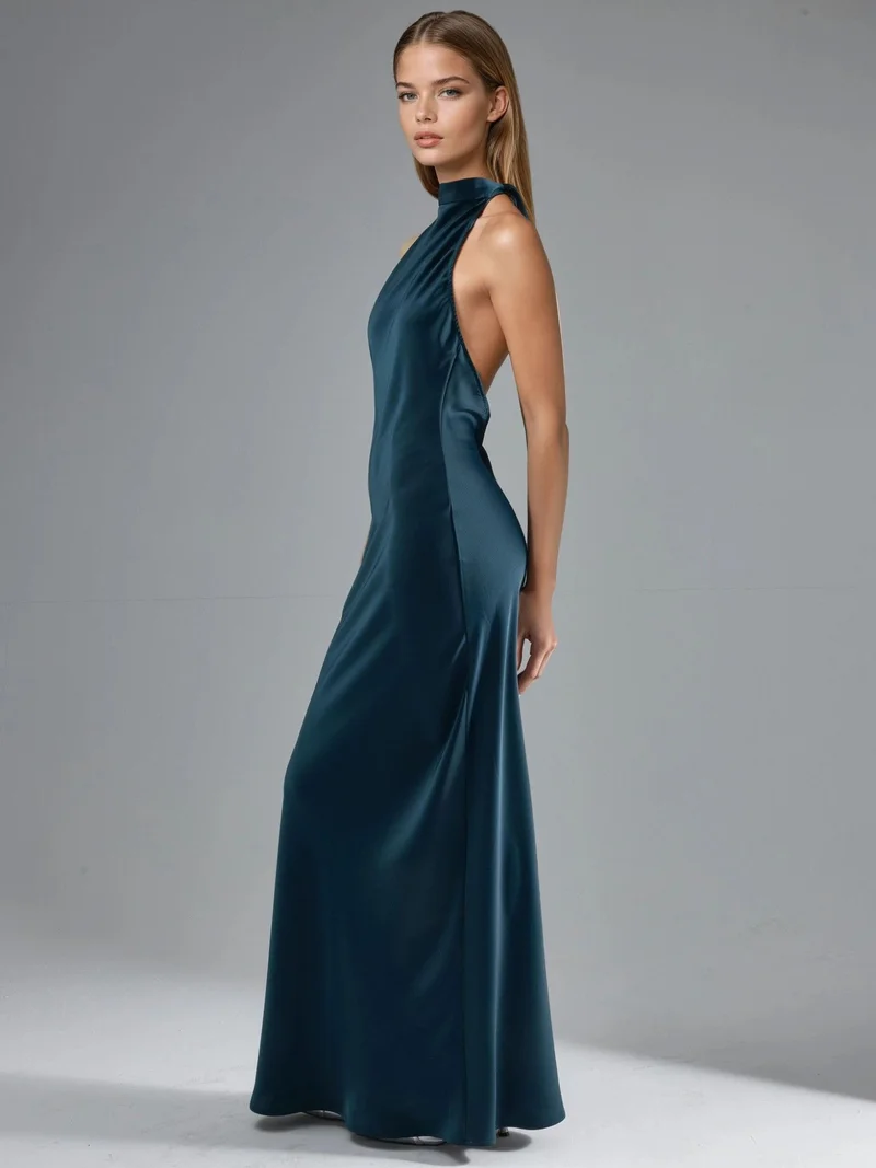 HICCUP Sacramento Green Halter Neck Satin Maxi Dress for Women | Best Price UAE