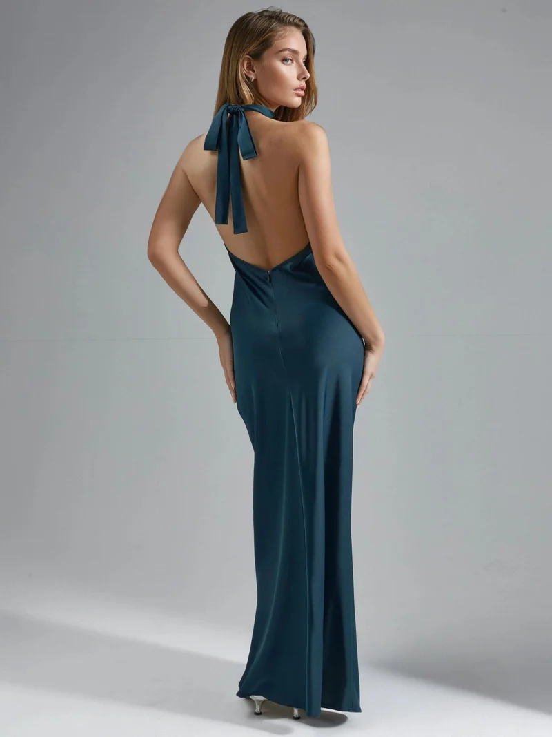 HICCUP Sacramento Green Halter Neck Satin Maxi Dress for Women | Best Price UAE