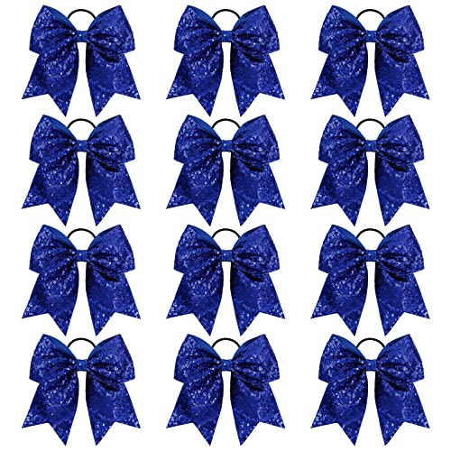 Aileam 12 PCS 8" Large Glitter Cheer Bows Blue Girl Hair Bows Sparkly Cheerleading Softball Team Bow Hair Accessories for cheerleaders football Competition Sports - Image 1