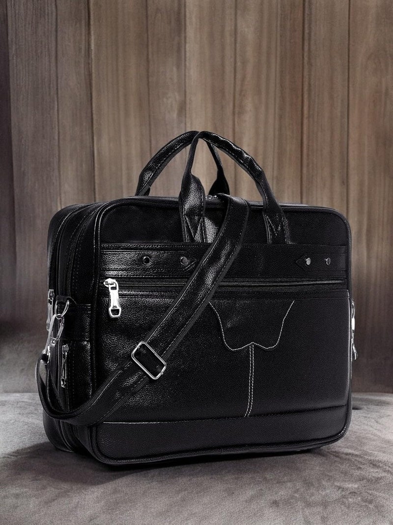 SAMTROH Black Pu Leather Laptop Bag for Men I Fits Up to 156 Inch Laptop/MacBook I 2 Compartment & Padded Laptop Compartment I Handles with Detachable Sling Strap I 3 External & 1 Inner Pocket - Image 2