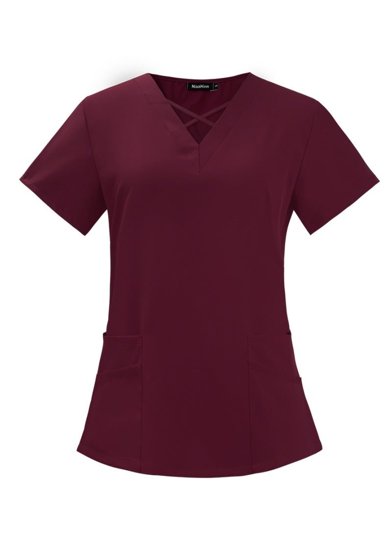 Loquat Womens Medical Uniform Scrubs 2 Piece Set V-Neck Top and Jogger Pants Suit Wine Red - Image 2