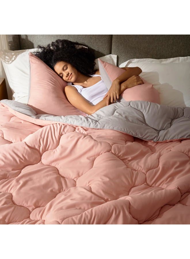 Comfort Spaces Vixie Comforter Set All Season Reversible Goose Down Alternative Stitched Geometrical Pattern Bedding, Full/Queen, Coral/Grey - Image 1