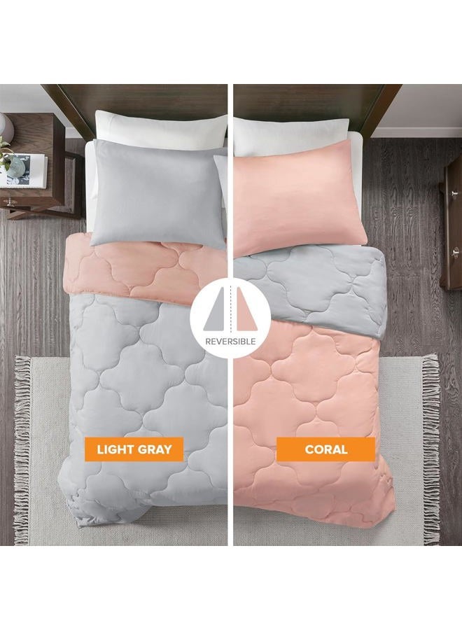 Comfort Spaces Vixie Comforter Set All Season Reversible Goose Down Alternative Stitched Geometrical Pattern Bedding, Full/Queen, Coral/Grey - Image 5