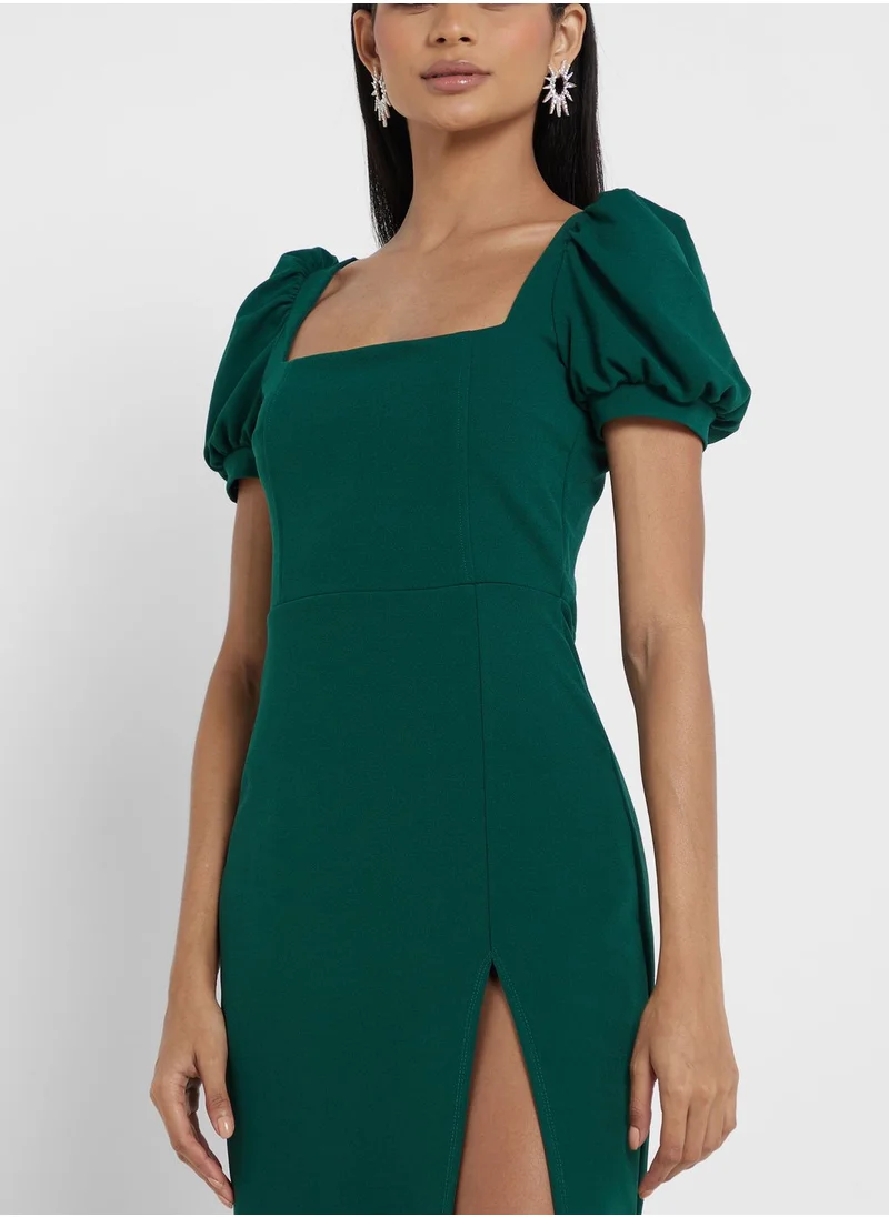 John Zack Puff Sleeve Side Slit Dress