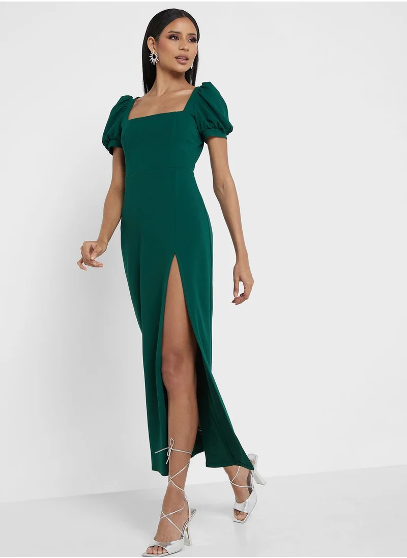 John Zack Puff Sleeve Side Slit Dress