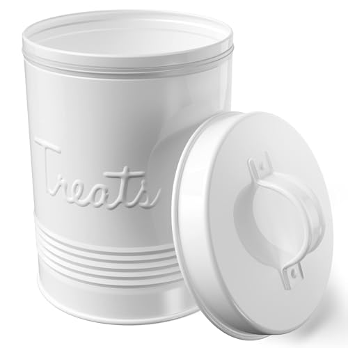 Amici Home Amici Pet Retro Treats Metal Canister | Pet Food Storage Container | Airtight Lid | 72 Ounce Capacity | Farmhouse Décor | Rustic Metal Dog Treat Jar (White) - Image 1