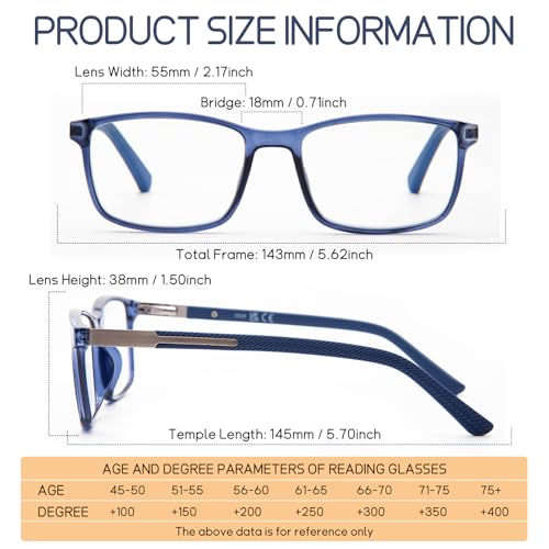 DEHOTRE Progressive Multifocus Reading Glasses Men Flexible TR90 Frame Readers Stainless Steel Arm Rubber Temple Spring Hinge Blue 1.50 - Image 5