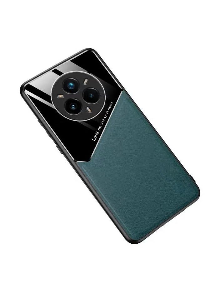 Case Compatible With Realme 14 Pro Plus 5G Cover Luxury Leather And Glass With Car Magnetic Holder Phone Cover Soft Frame Silicone (Green)