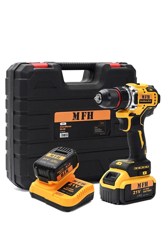 MFH TOOLS 21V Cordless Drill - 10mm - 1500mA - 2 Li-Ion Batteries with Charger, 2-Speed 0-2000 RPM, Keyless Chuck, Variable Speed, Storage Case with Drill Driver Kit, and 13 Bits for Home DIY, Repairs - Image 1