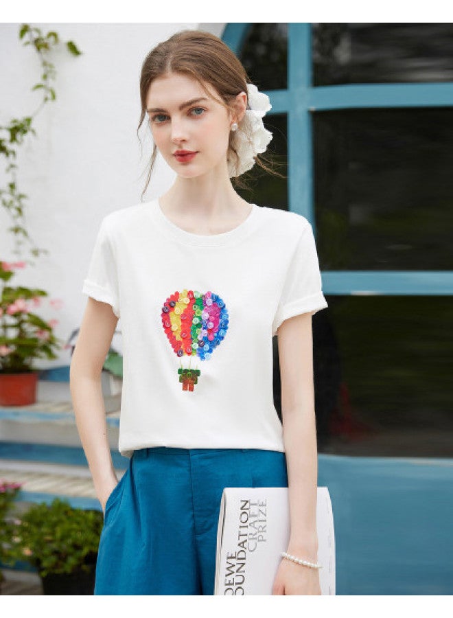 Pure Cotton Casual Regular Shoulder Printed Short Sleeve】new 2025 Summer Fashion Stretch Round Neck Buttoned Women's T-shirt - Image 1