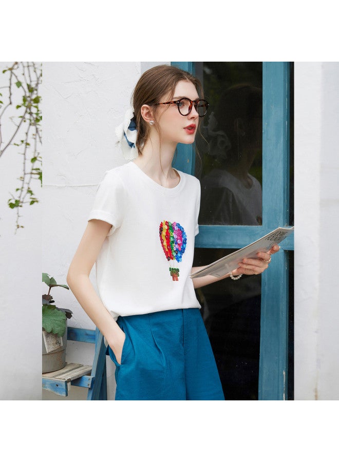 Pure Cotton Casual Regular Shoulder Printed Short Sleeve】new 2025 Summer Fashion Stretch Round Neck Buttoned Women's T-shirt - Image 3