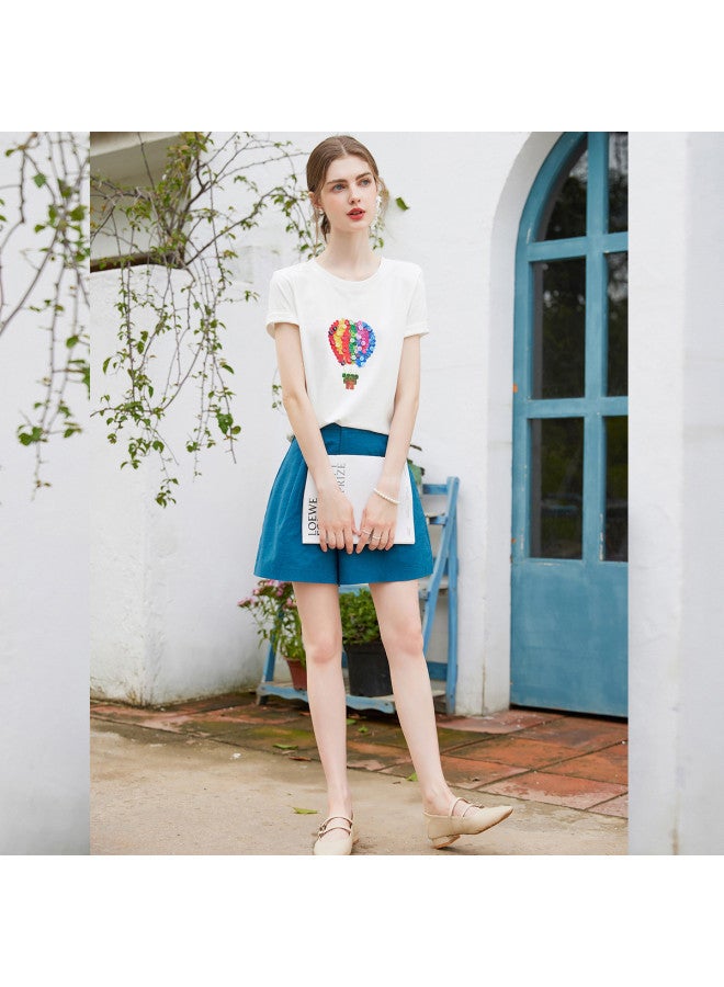 Pure Cotton Casual Regular Shoulder Printed Short Sleeve】new 2025 Summer Fashion Stretch Round Neck Buttoned Women's T-shirt - Image 4