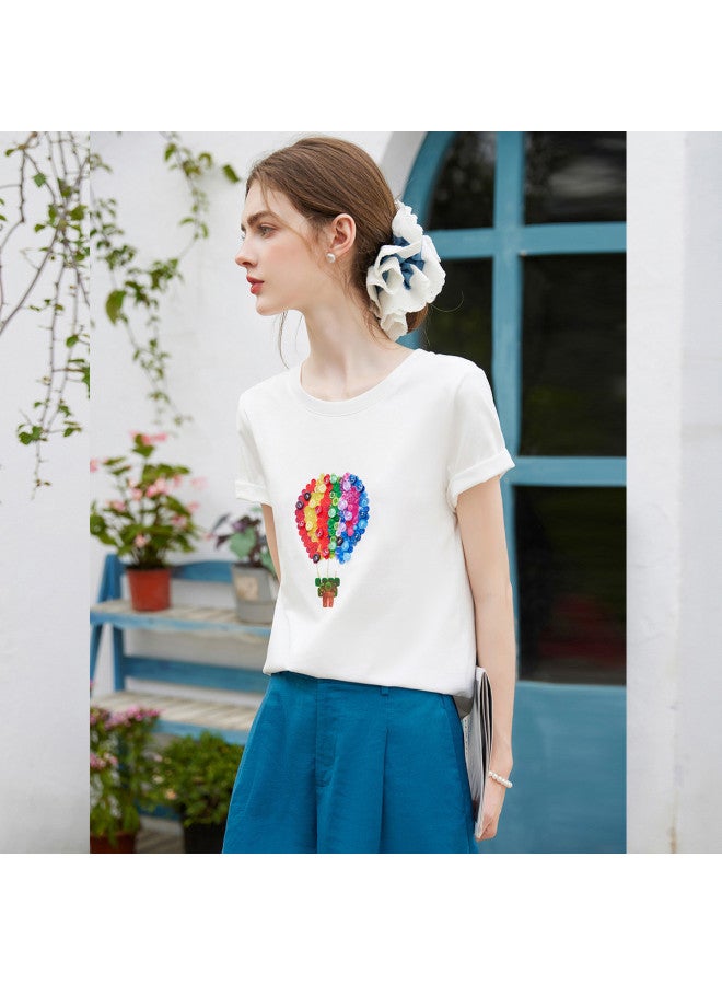 Pure Cotton Casual Regular Shoulder Printed Short Sleeve】new 2025 Summer Fashion Stretch Round Neck Buttoned Women's T-shirt - Image 5
