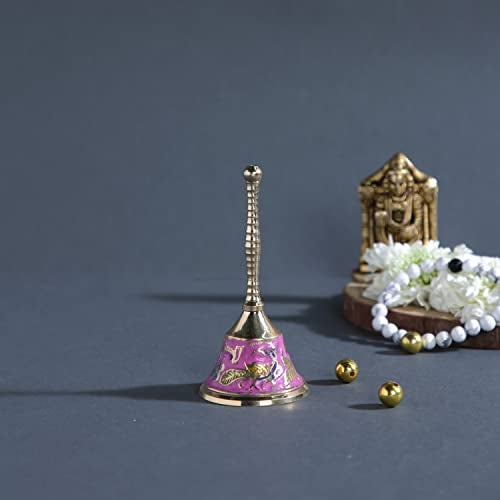 CraftVatika Brass Hand Bell Peacock Meenakari Paint, Puja Prayer Ghanti - (4.5 inches Height) - Image 1