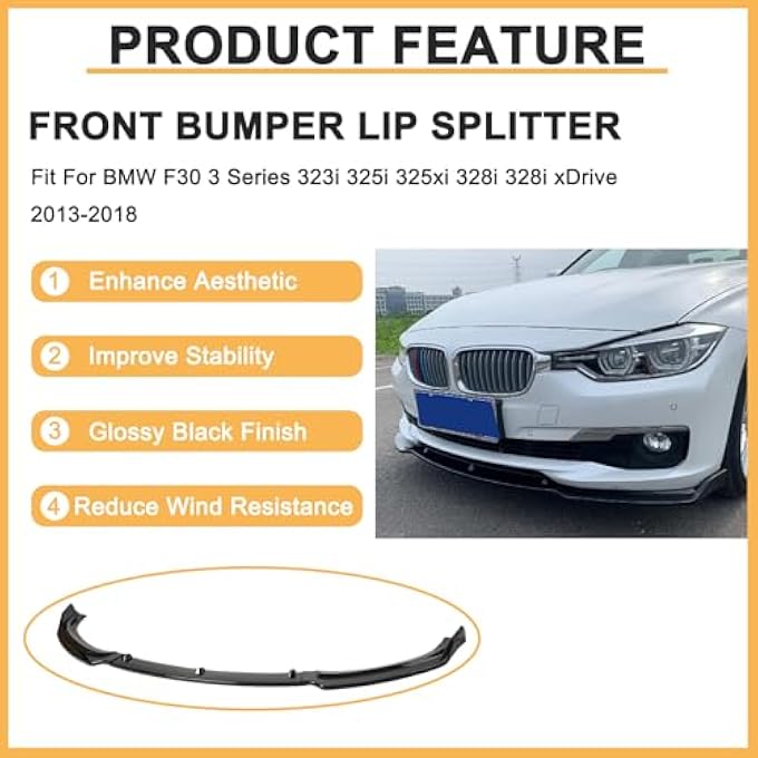 DIBON AUTO 3PCS Front Bumper Lip Splitter Spoiler for 2013-2018 BMW F30 3 Series 323i 325i 325xi 328i 328i xDrive Air Dam Front Splitter Body Kit (Glossy Black) - Image 5