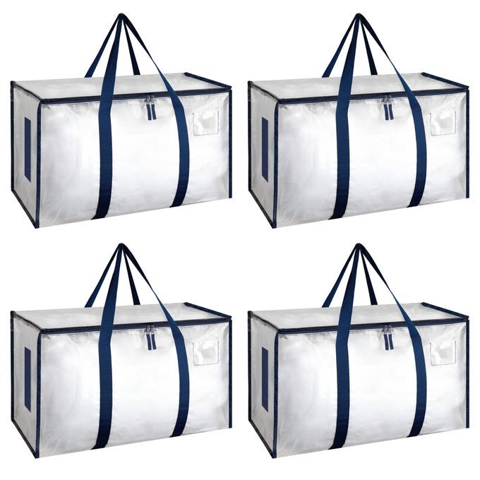 4 PACK LARGE MOVING BAGS WITH ZIPPERS HANDLES MOVING SUPPLIES WITH LIDS HEAVY DUTY TOTES FOR SPACE SAVING FOLD FLAT MOVING AND STORING CLEAR